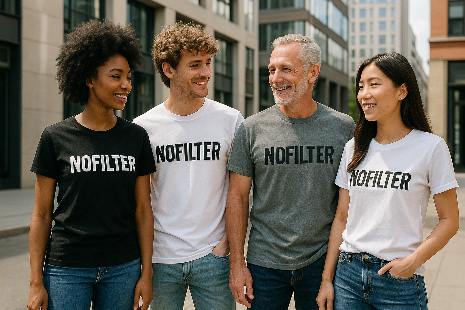 pessoas vestindo tshirts personalisadas com a logo NOFILTER